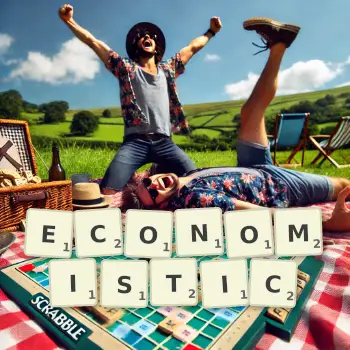 Creative illustration for a Scrabble game with the word ECONOMISTIC spelled out in tiles on the board.