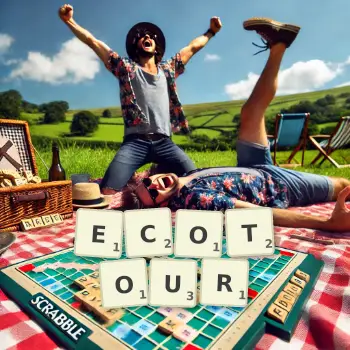 Creative illustration for a Scrabble game with the word ECOTOUR spelled out in tiles on the board.