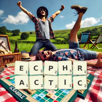 Creative illustration for a Scrabble game with the word ECPHRACTIC spelled out in tiles on the board.