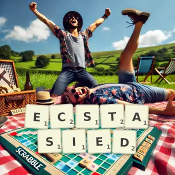 Creative illustration for a Scrabble game with the word ECSTASIED spelled out in tiles on the board.