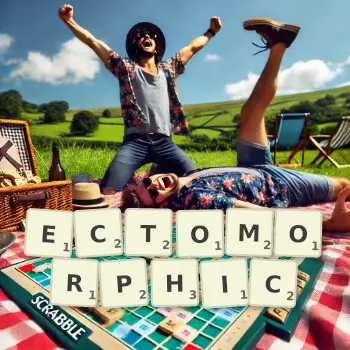 Creative illustration for a Scrabble game with the word ECTOMORPHIC spelled out in tiles on the board.