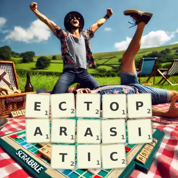 Creative illustration for a Scrabble game with the word ECTOPARASITIC spelled out in tiles on the board.