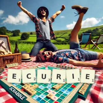 Creative illustration for a Scrabble game with the word ECURIE spelled out in tiles on the board.