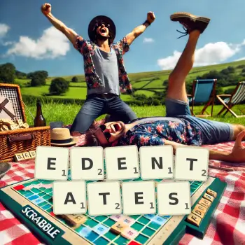 Creative illustration for a Scrabble game with the word EDENTATES spelled out in tiles on the board.