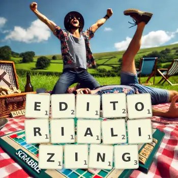 Creative illustration for a Scrabble game with the word EDITORIALIZING spelled out in tiles on the board.