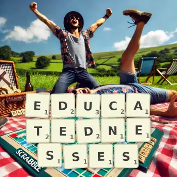 Creative illustration for a Scrabble game with the word EDUCATEDNESSES spelled out in tiles on the board.