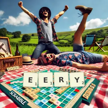 Creative illustration for a Scrabble game with the word EERY spelled out in tiles on the board.