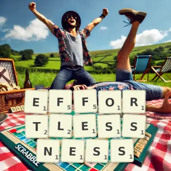 Creative illustration for a Scrabble game with the word EFFORTLESSNESS spelled out in tiles on the board.