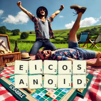 Creative illustration for a Scrabble game with the word EICOSANOID spelled out in tiles on the board.
