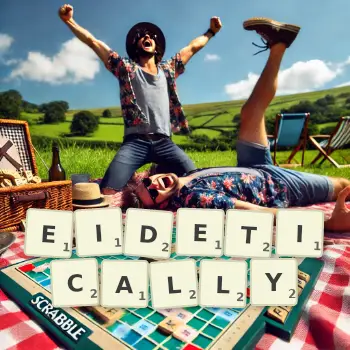 Creative illustration for a Scrabble game with the word EIDETICALLY spelled out in tiles on the board.
