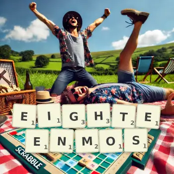 Creative illustration for a Scrabble game with the word EIGHTEENMOS spelled out in tiles on the board.
