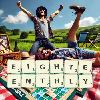 Creative illustration for a Scrabble game with the word EIGHTEENTHLY spelled out in tiles on the board.