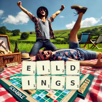 Creative illustration for a Scrabble game with the word EILDINGS spelled out in tiles on the board.