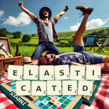 Creative illustration for a Scrabble game with the word ELASTICATED spelled out in tiles on the board.