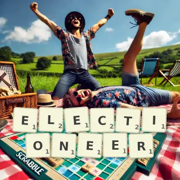 Creative illustration for a Scrabble game with the word ELECTIONEER spelled out in tiles on the board.