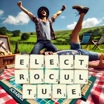 Creative illustration for a Scrabble game with the word ELECTROCULTURE spelled out in tiles on the board.