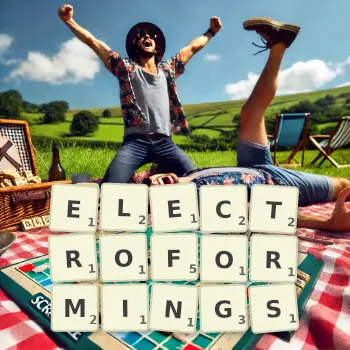 Creative illustration for a Scrabble game with the word ELECTROFORMINGS spelled out in tiles on the board.