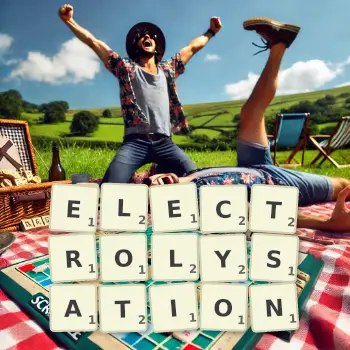 Creative illustration for a Scrabble game with the word ELECTROLYSATION spelled out in tiles on the board.