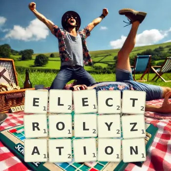 Creative illustration for a Scrabble game with the word ELECTROLYZATION spelled out in tiles on the board.