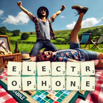 Creative illustration for a Scrabble game with the word ELECTROPHONE spelled out in tiles on the board.