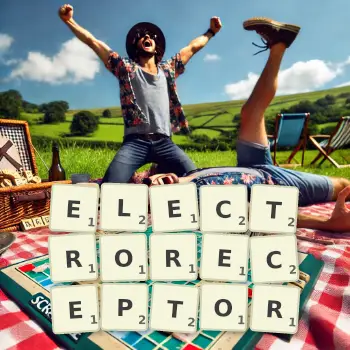 Creative illustration for a Scrabble game with the word ELECTRORECEPTOR spelled out in tiles on the board.