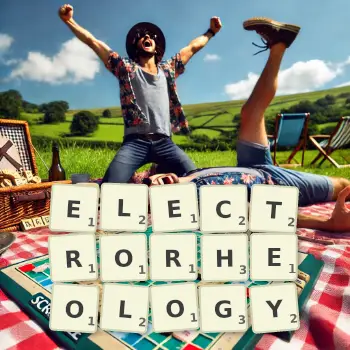 Creative illustration for a Scrabble game with the word ELECTRORHEOLOGY spelled out in tiles on the board.