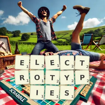 Creative illustration for a Scrabble game with the word ELECTROTYPIES spelled out in tiles on the board.