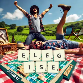 Creative illustration for a Scrabble game with the word ELEGISE spelled out in tiles on the board.