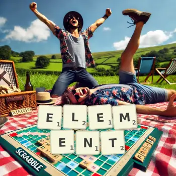 Creative illustration for a Scrabble game with the word ELEMENT spelled out in tiles on the board.
