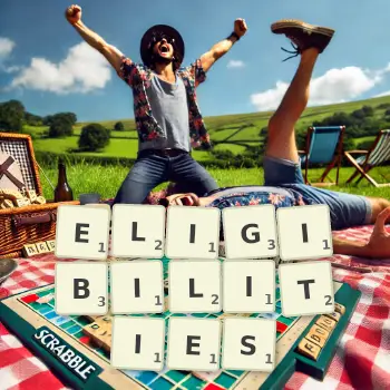 Creative illustration for a Scrabble game with the word ELIGIBILITIES spelled out in tiles on the board.