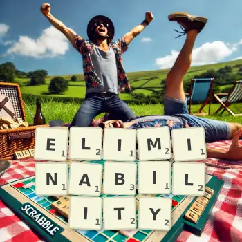 Creative illustration for a Scrabble game with the word ELIMINABILITY spelled out in tiles on the board.