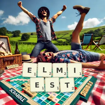 Creative illustration for a Scrabble game with the word ELMIEST spelled out in tiles on the board.