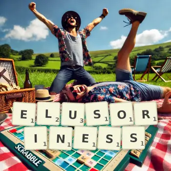 Creative illustration for a Scrabble game with the word ELUSORINESS spelled out in tiles on the board.