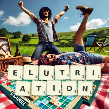 Creative illustration for a Scrabble game with the word ELUTRIATION spelled out in tiles on the board.