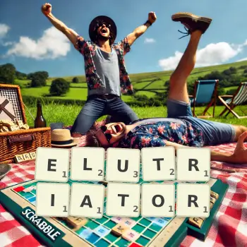 Creative illustration for a Scrabble game with the word ELUTRIATOR spelled out in tiles on the board.