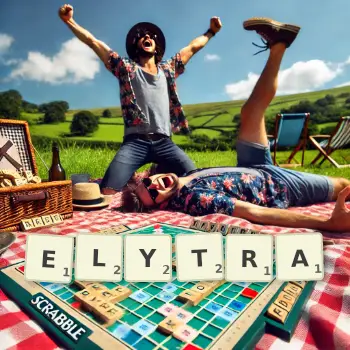 Creative illustration for a Scrabble game with the word ELYTRA spelled out in tiles on the board.