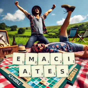 Creative illustration for a Scrabble game with the word EMACIATES spelled out in tiles on the board.