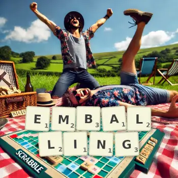 Creative illustration for a Scrabble game with the word EMBALLING spelled out in tiles on the board.