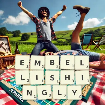 Creative illustration for a Scrabble game with the word EMBELLISHINGLY spelled out in tiles on the board.