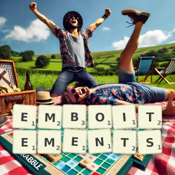 Creative illustration for a Scrabble game with the word EMBOITEMENTS spelled out in tiles on the board.