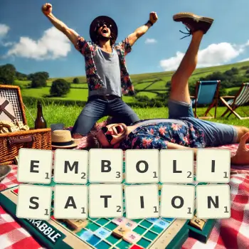 Creative illustration for a Scrabble game with the word EMBOLISATION spelled out in tiles on the board.
