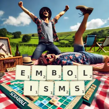 Creative illustration for a Scrabble game with the word EMBOLISMS spelled out in tiles on the board.