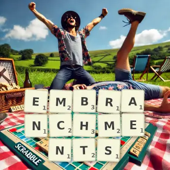 Creative illustration for a Scrabble game with the word EMBRANCHMENTS spelled out in tiles on the board.