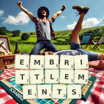 Creative illustration for a Scrabble game with the word EMBRITTLEMENTS spelled out in tiles on the board.