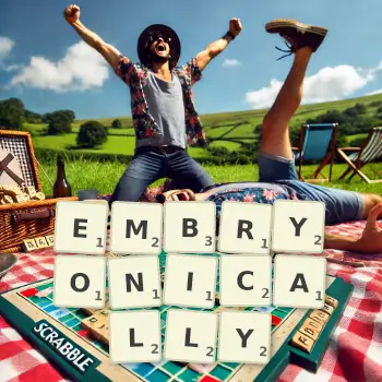 Creative illustration for a Scrabble game with the word EMBRYONICALLY spelled out in tiles on the board.