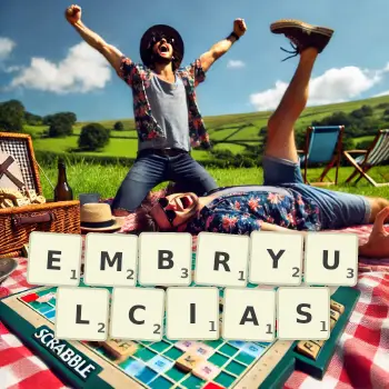 Creative illustration for a Scrabble game with the word EMBRYULCIAS spelled out in tiles on the board.