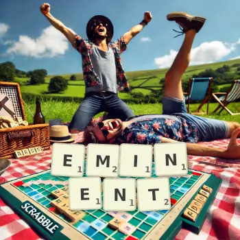 Creative illustration for a Scrabble game with the word EMINENT spelled out in tiles on the board.