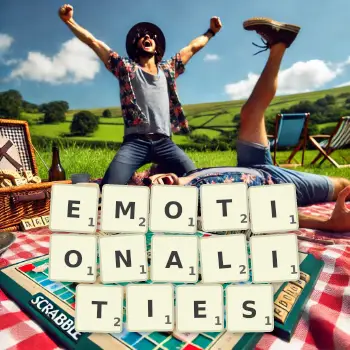 Creative illustration for a Scrabble game with the word EMOTIONALITIES spelled out in tiles on the board.