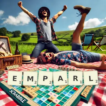 Creative illustration for a Scrabble game with the word EMPARL spelled out in tiles on the board.