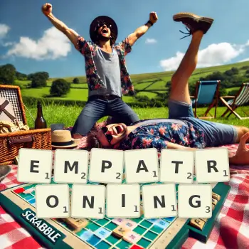 Creative illustration for a Scrabble game with the word EMPATRONING spelled out in tiles on the board.